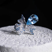 Natural Santa Maria Color Aquamarine Stone 3D Orchid Ring 4.84ct+0.782ct, Diamond 0.936ct 18K Gold GUILD