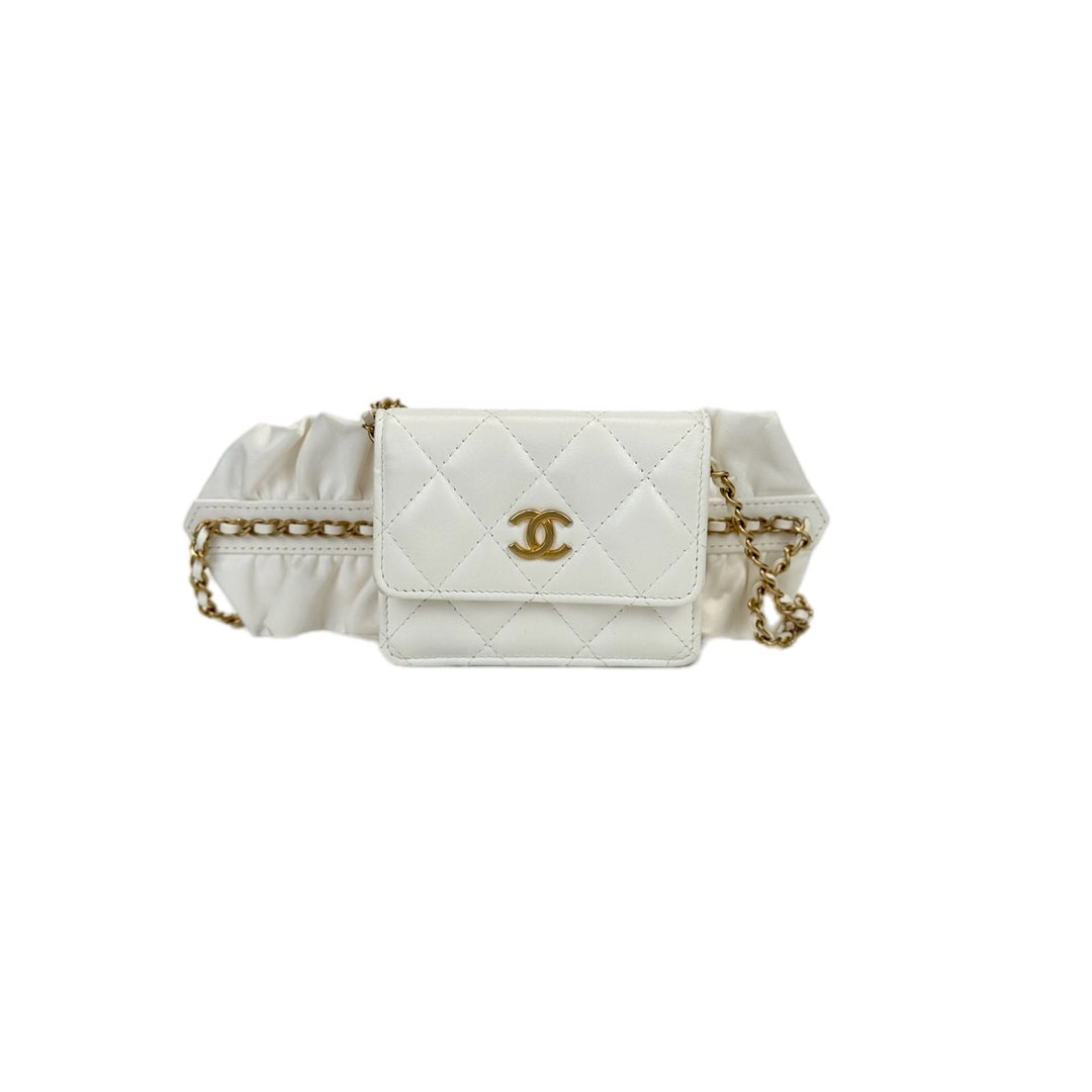 Chanel White Card Holder With Strap
