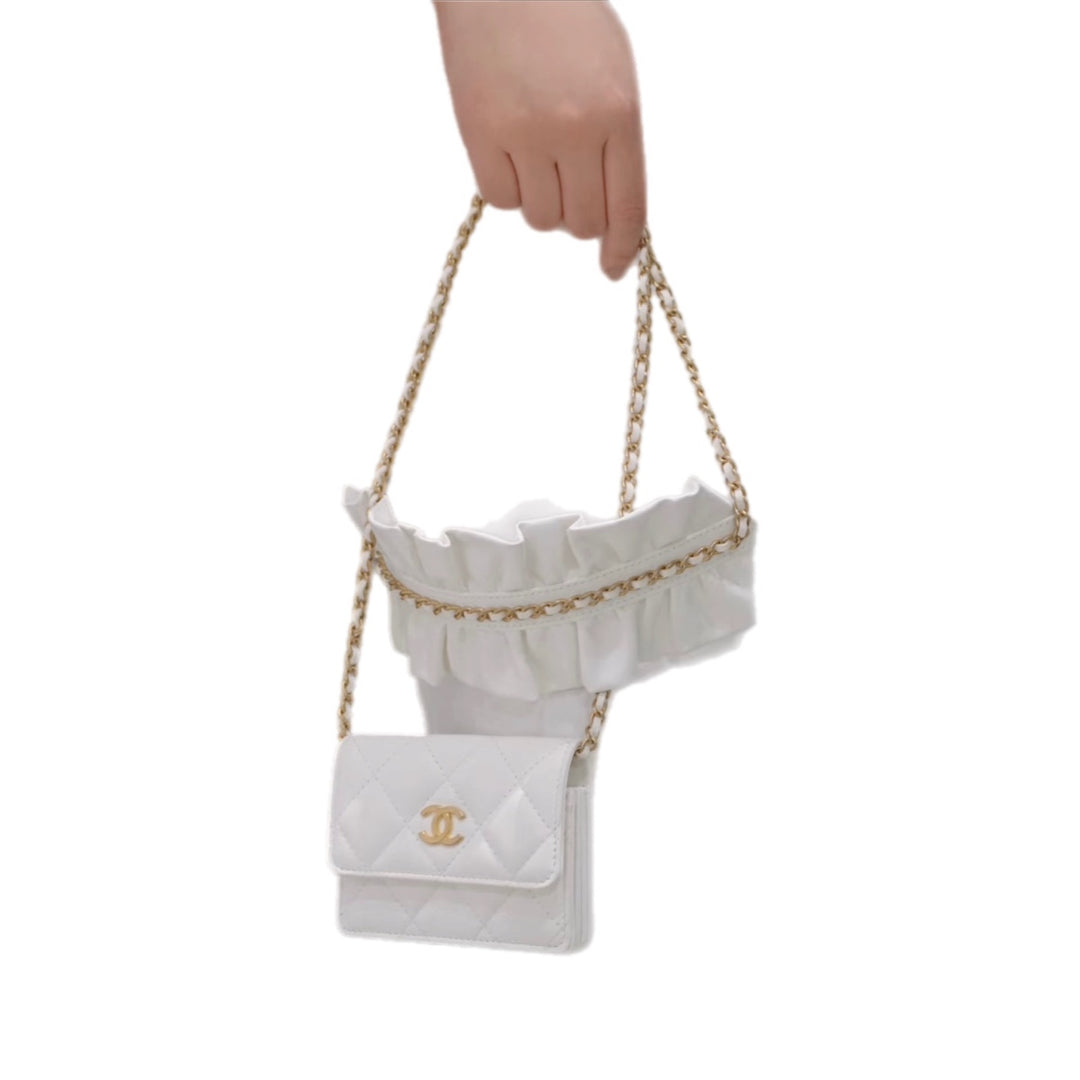 Chanel White Card Holder With Strap