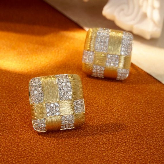Diamond Square Checkered Ear Studs - Jiaxyk