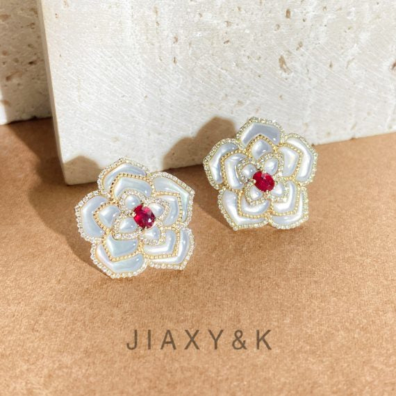 Flower Ruby Diamond Mother of Pearl Earrings - Jiaxyk