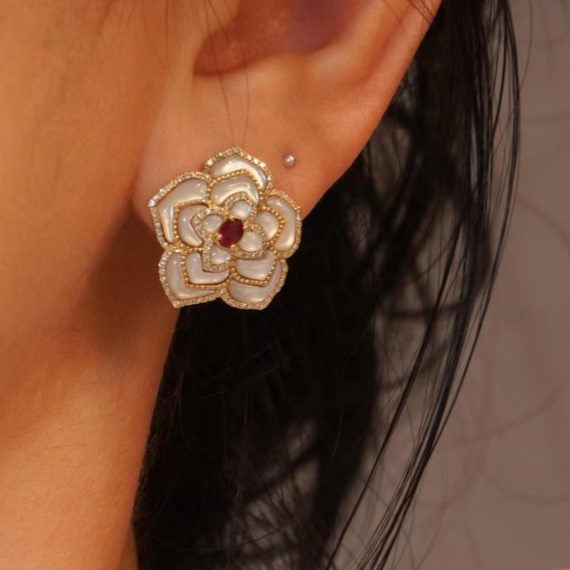 Flower Ruby Diamond Mother of Pearl Earrings - Jiaxyk