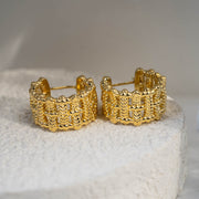 18K Solid Yellow Gold Woven Texture Hoop Earrings, 3.2g-3.3g