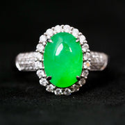 Natural Green Burmese Jade Cabochon Diamond Ring 18K Gold