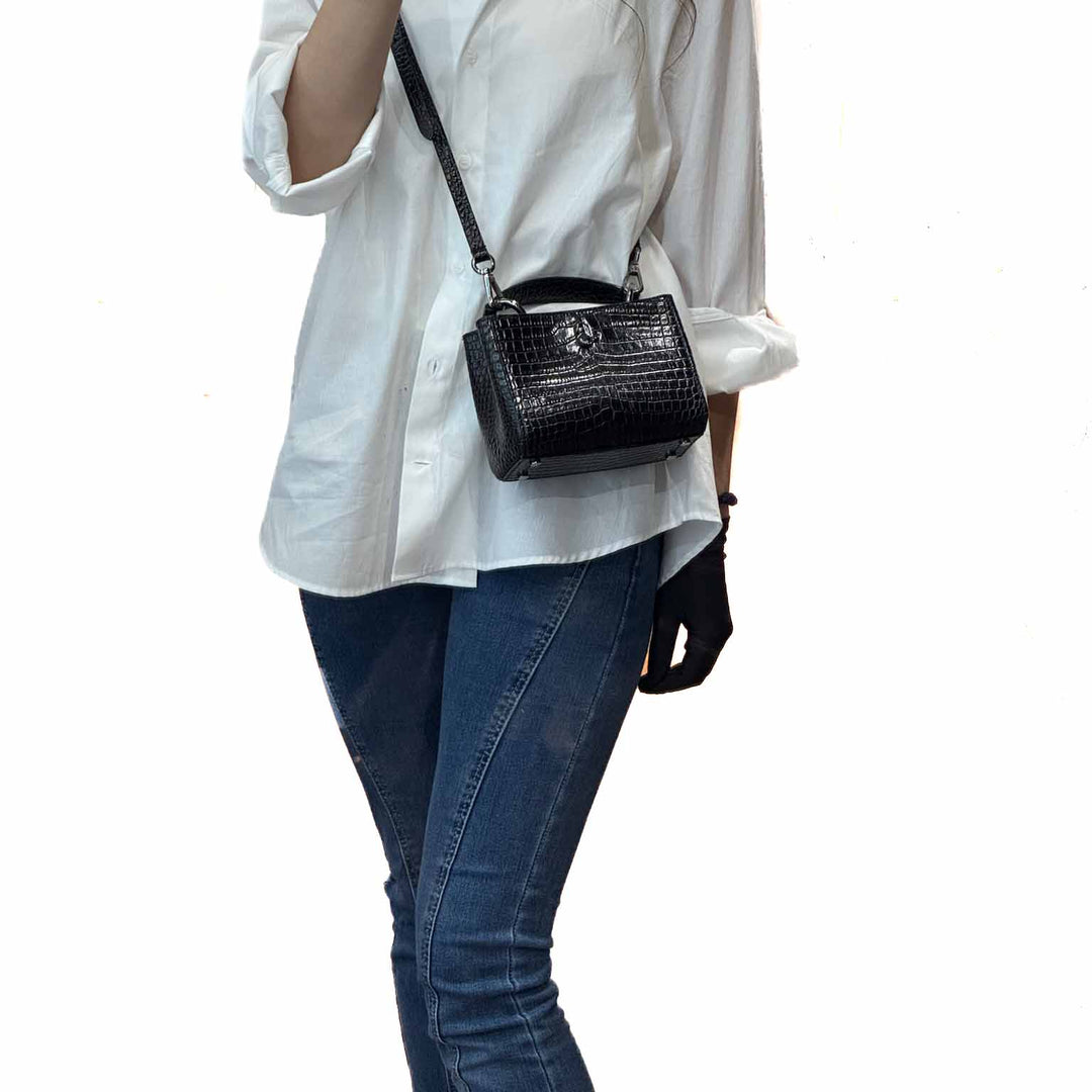 Jimmy Choo Mini Top Handle Crossbody Bag Black With Crocodile Embossed - Jiaxyk