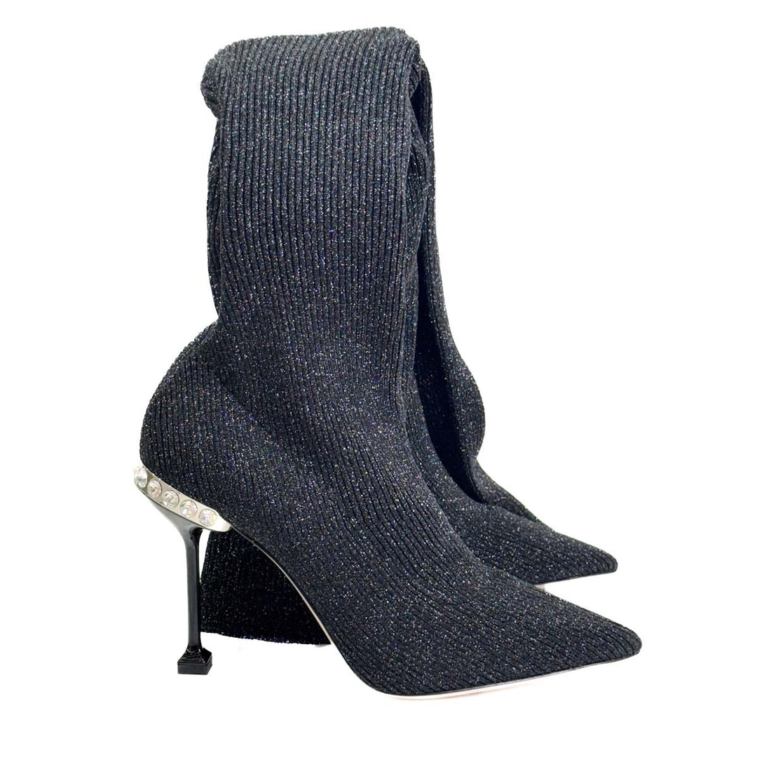 Miumiu Black Silver Glitter Crystal Long Boot - Jiaxyk