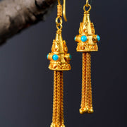 18k Solid Yellow Gold Dangle Earrings with Natural Turquoise Stone 8.6g