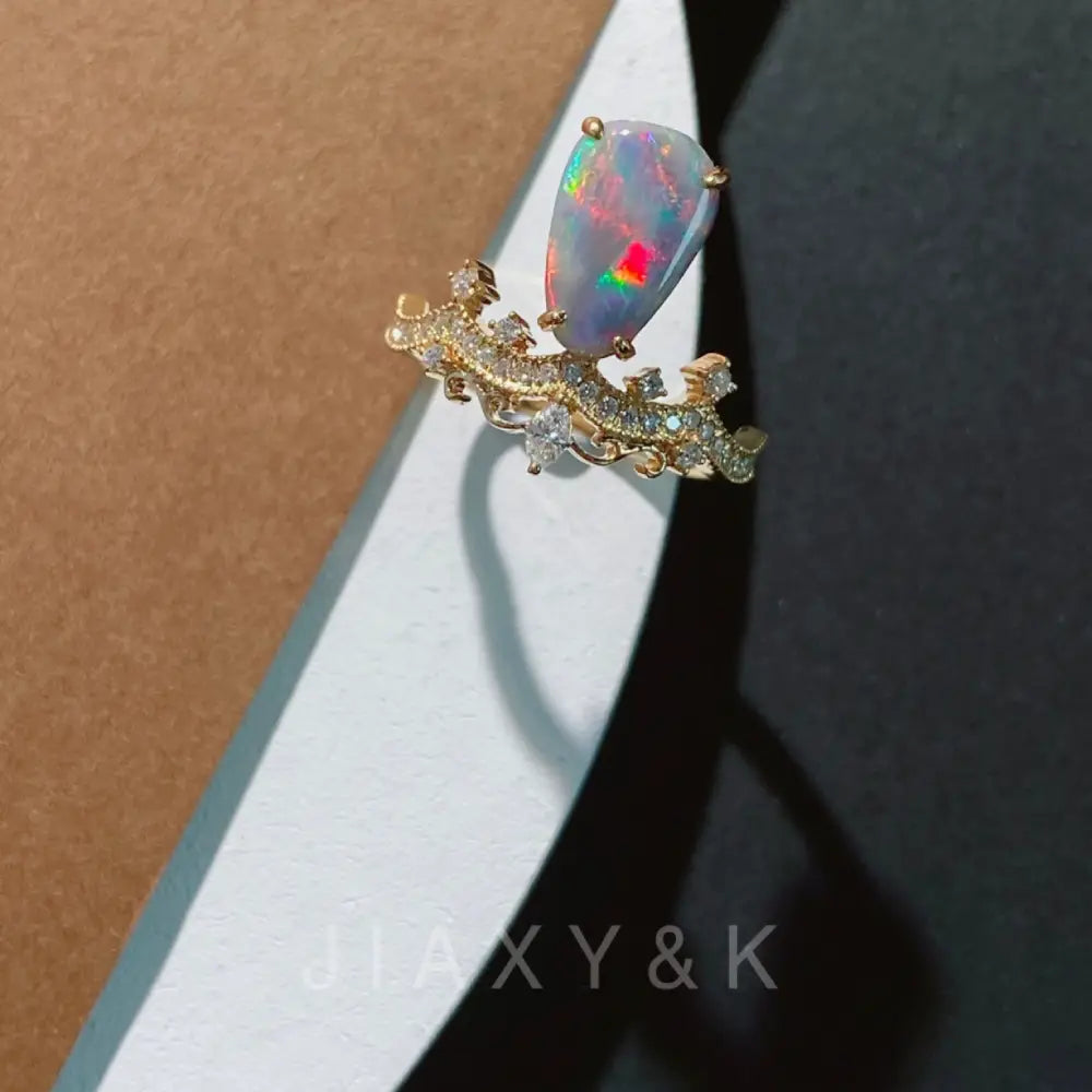 Natural Australian Opal and Diamond Crown Ring - Jiaxyk