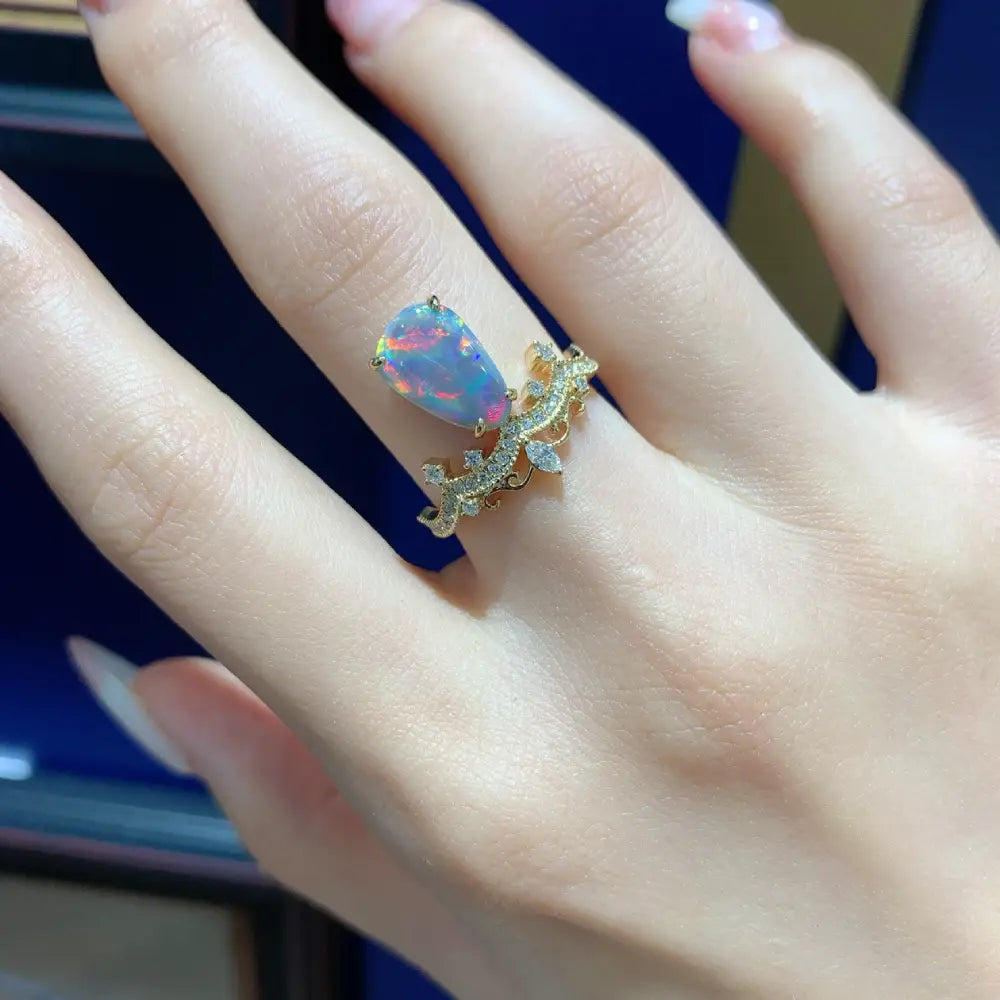 Natural Australian Opal and Diamond Crown Ring - Jiaxyk