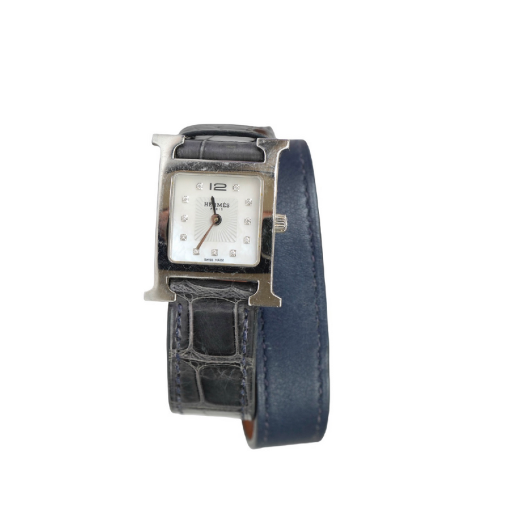 Hermes Heure H Silver Diamond Dial Watch 21 MM