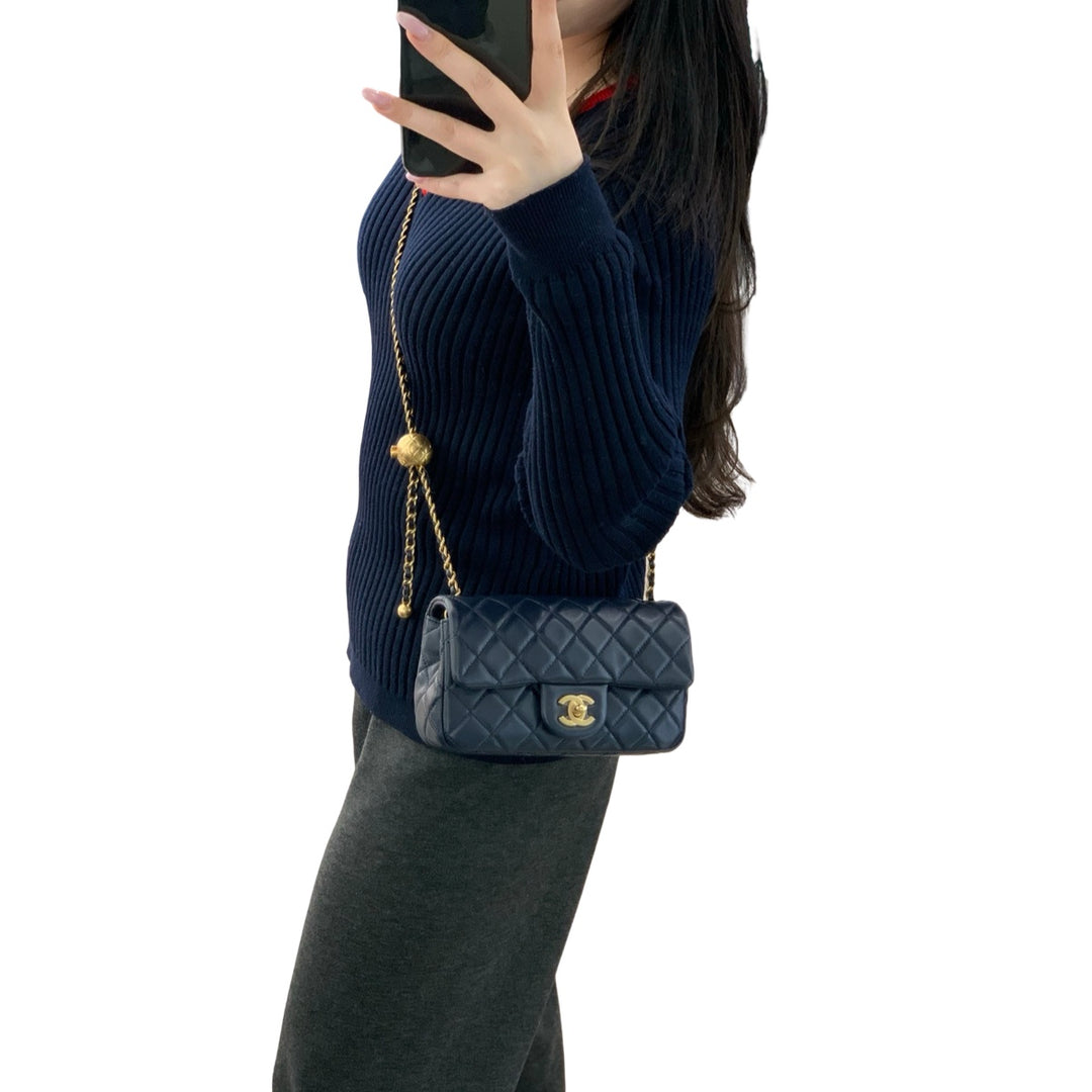 Chanel Classic Flap Mini Bag Blue with Pearl Crush