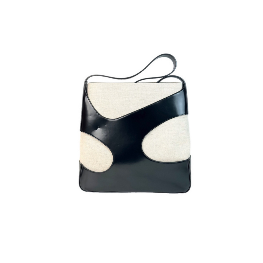 Ferragamo Black Leather and Canvas  an Cut out-Detail Shoulder Bag