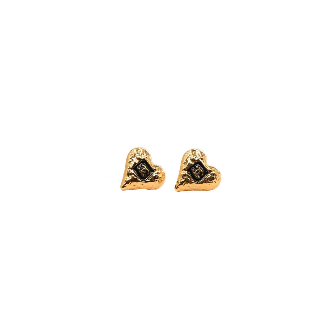 Chanel 23K Black/Gold CC Heart Earrings