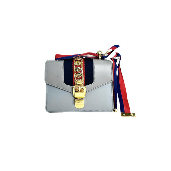 小物 GUCCI Sylvie Gucci Blue Leather Vintage Web Small Sylvie Shoulder Bag