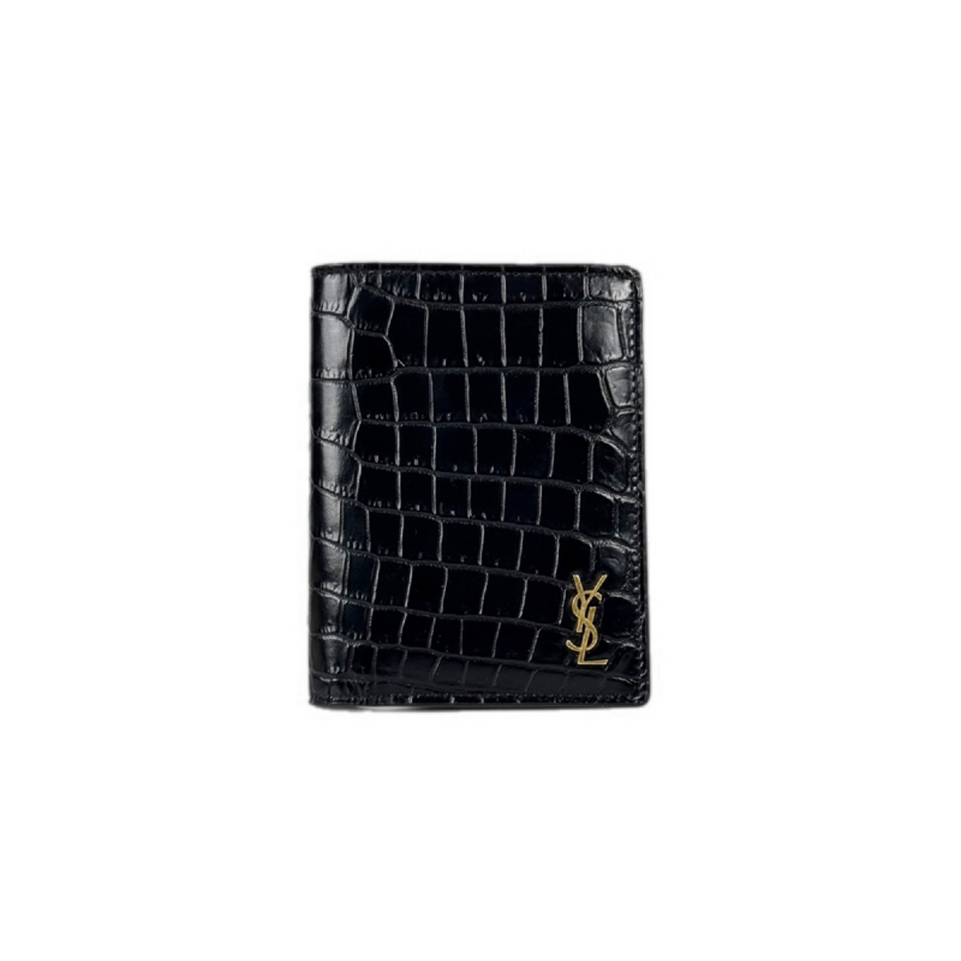 YSL Crocodile Embossed Calfskin Bi-Fold Wallet Black/Gold