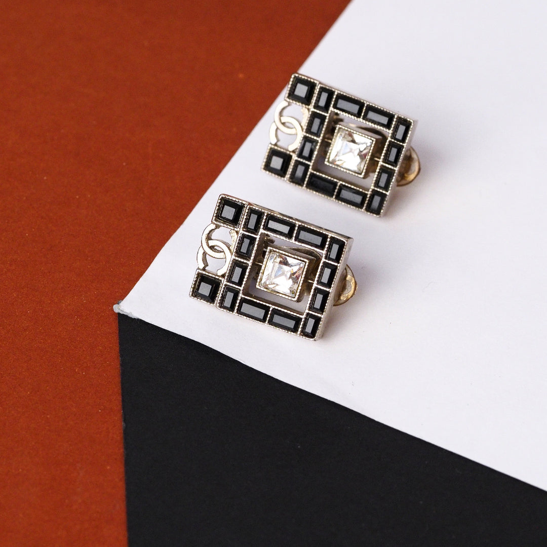 Chanel Black And Crystal Square Clip On Earring