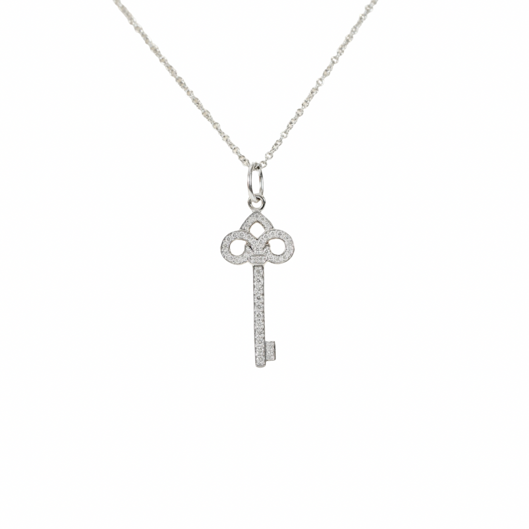 Pre-owned Tiffany Fleurdelis Key Diamonds Pendant With PT 16Inch Chain in White Gold, Platinum