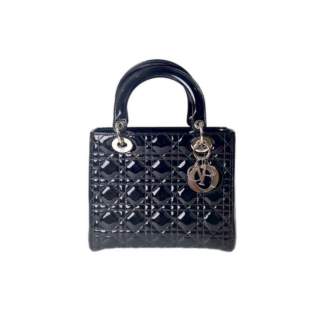 Dior Lady Dior Medium Green Changed to Black Patent Leather