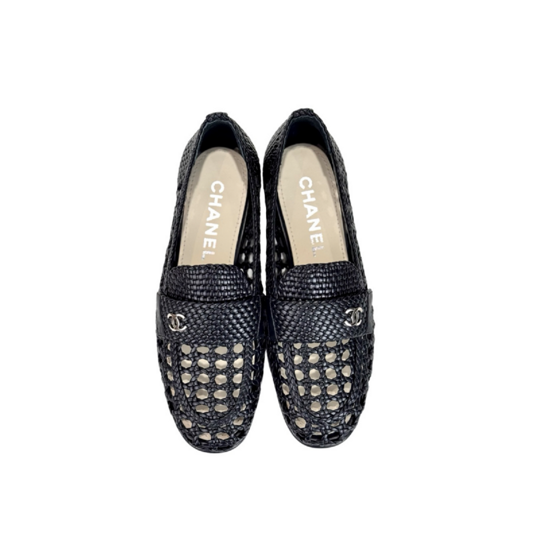 Chanel Shiny Braided Loafers Black #37.5