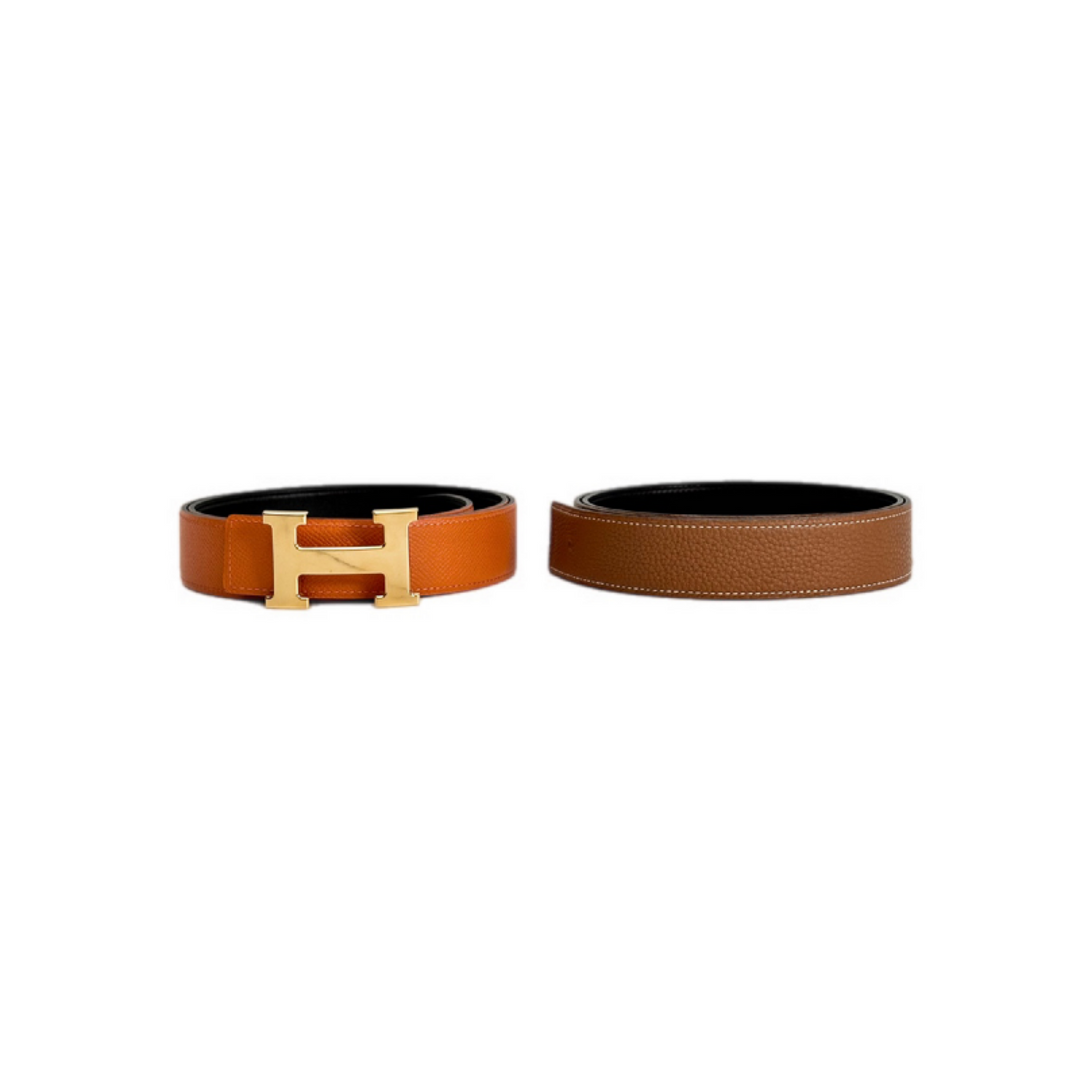 Hermes Reversible H Buckle Orange/Black Belt 95cm Extra Strap Gold 90cm