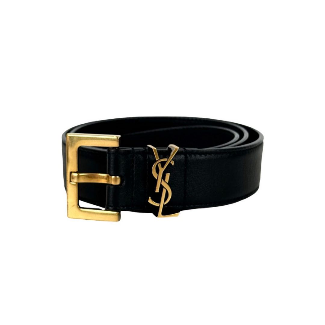 YSL Black Leather Belt 70cm
