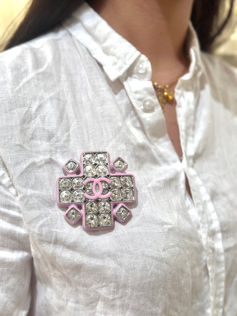 Chanel Crystal Brooch Pink CC Logo 19C