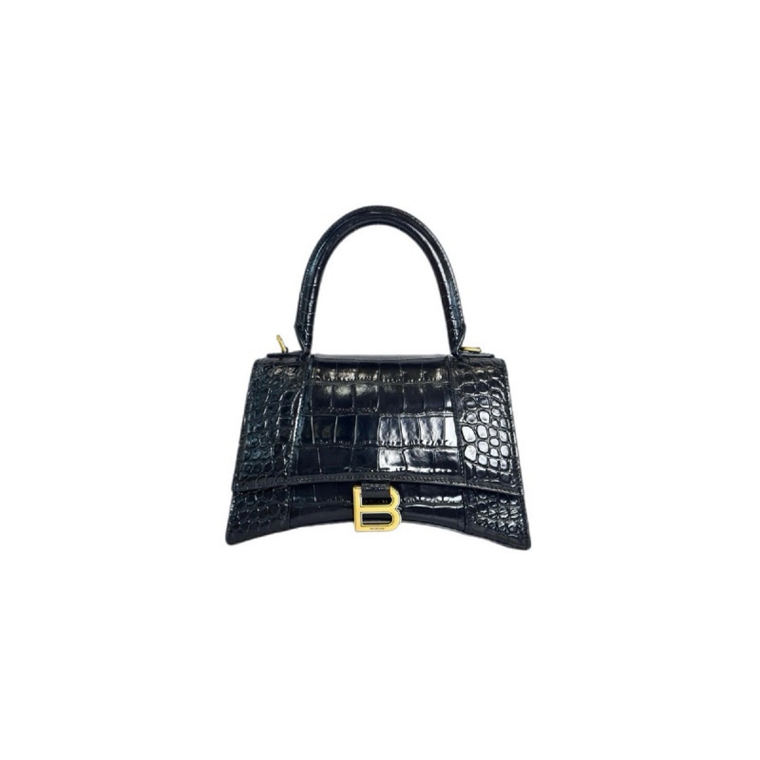 Balenciaga Small Black Embossed Crocodile Hourglass Bag