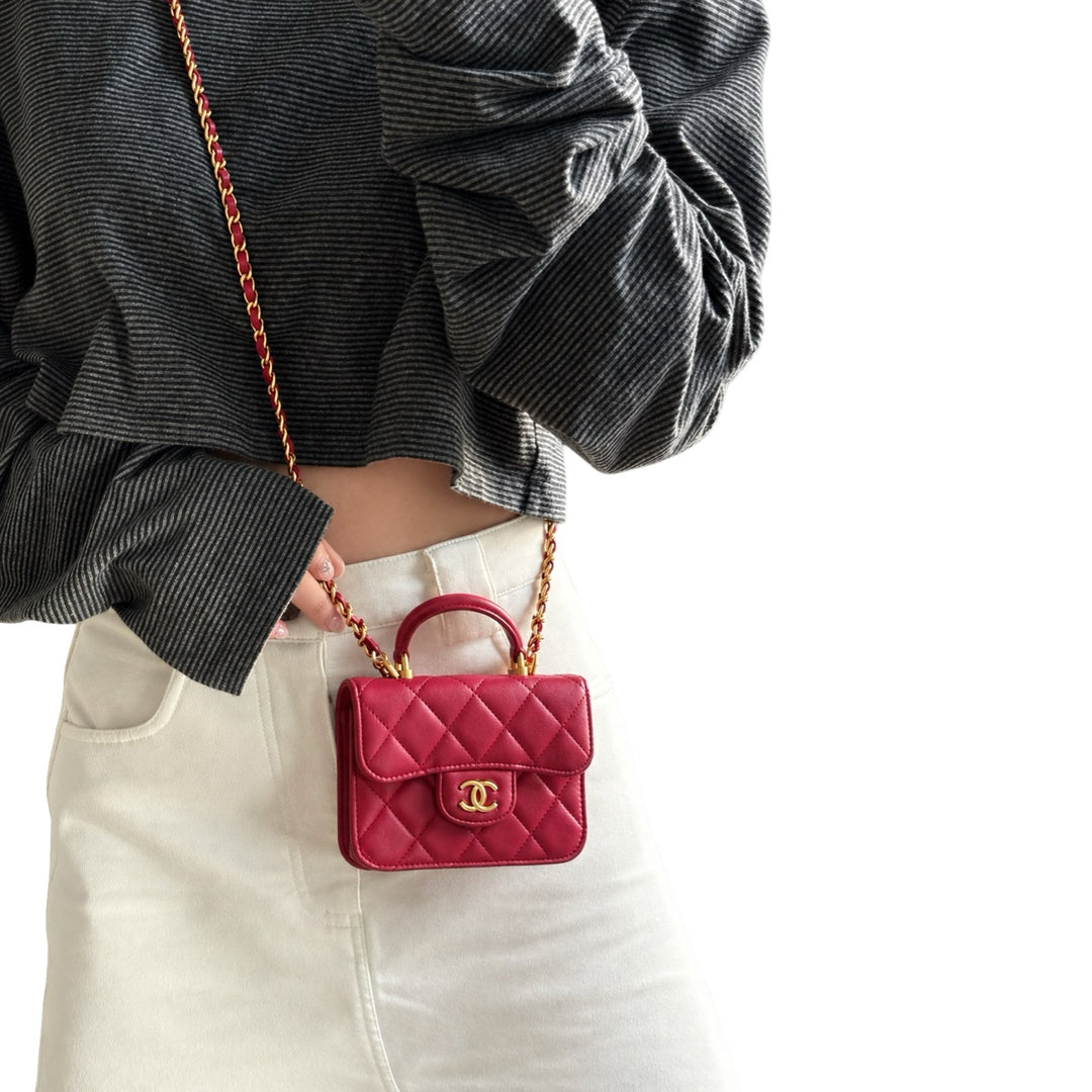 Chanel Red Lambskin Micro Handle Flap Bag