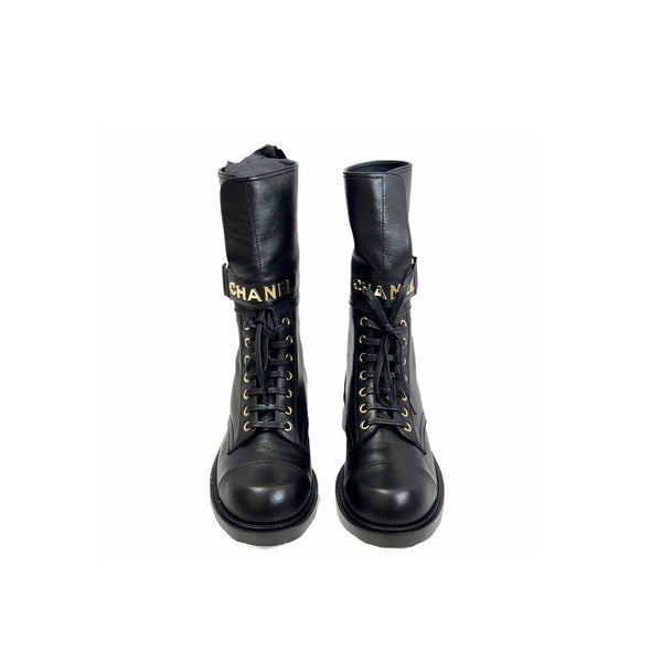 Chanel Black Leather Logo Buckle Boots - Jiaxyk