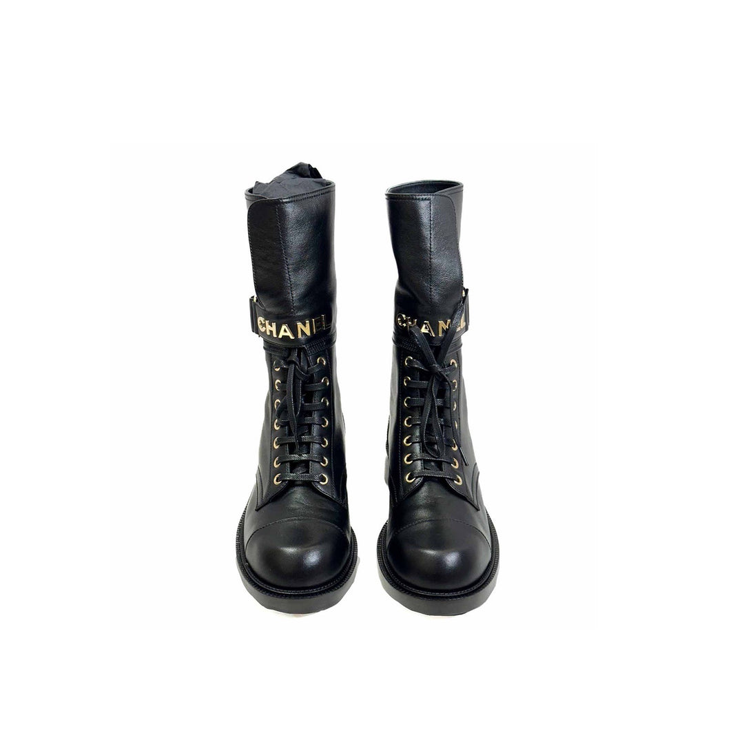 Chanel Black Leather Logo Buckle Boots