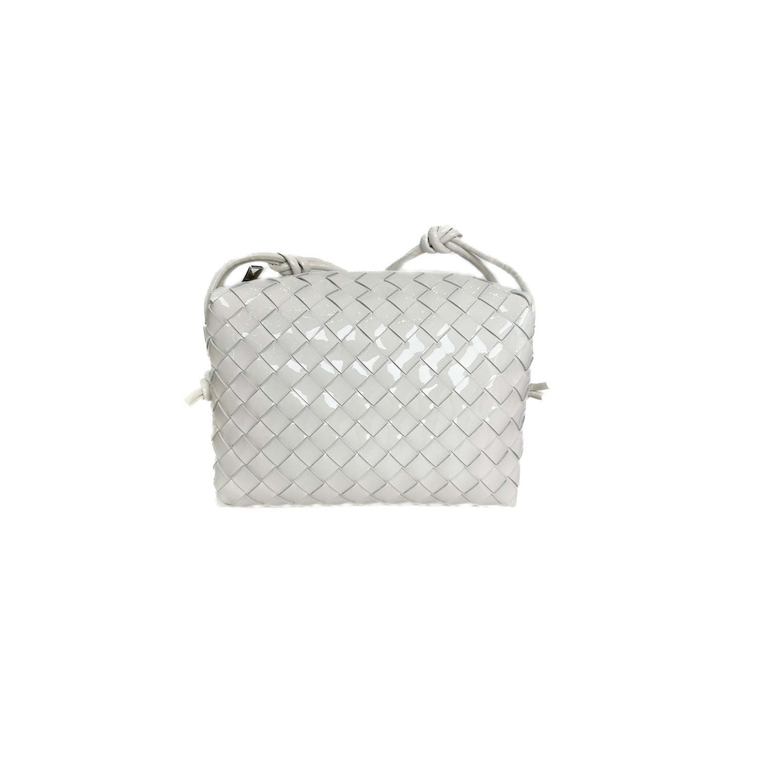 Bottega Veneta Medium Loop Camera Intercciato White Patent Leather Bag