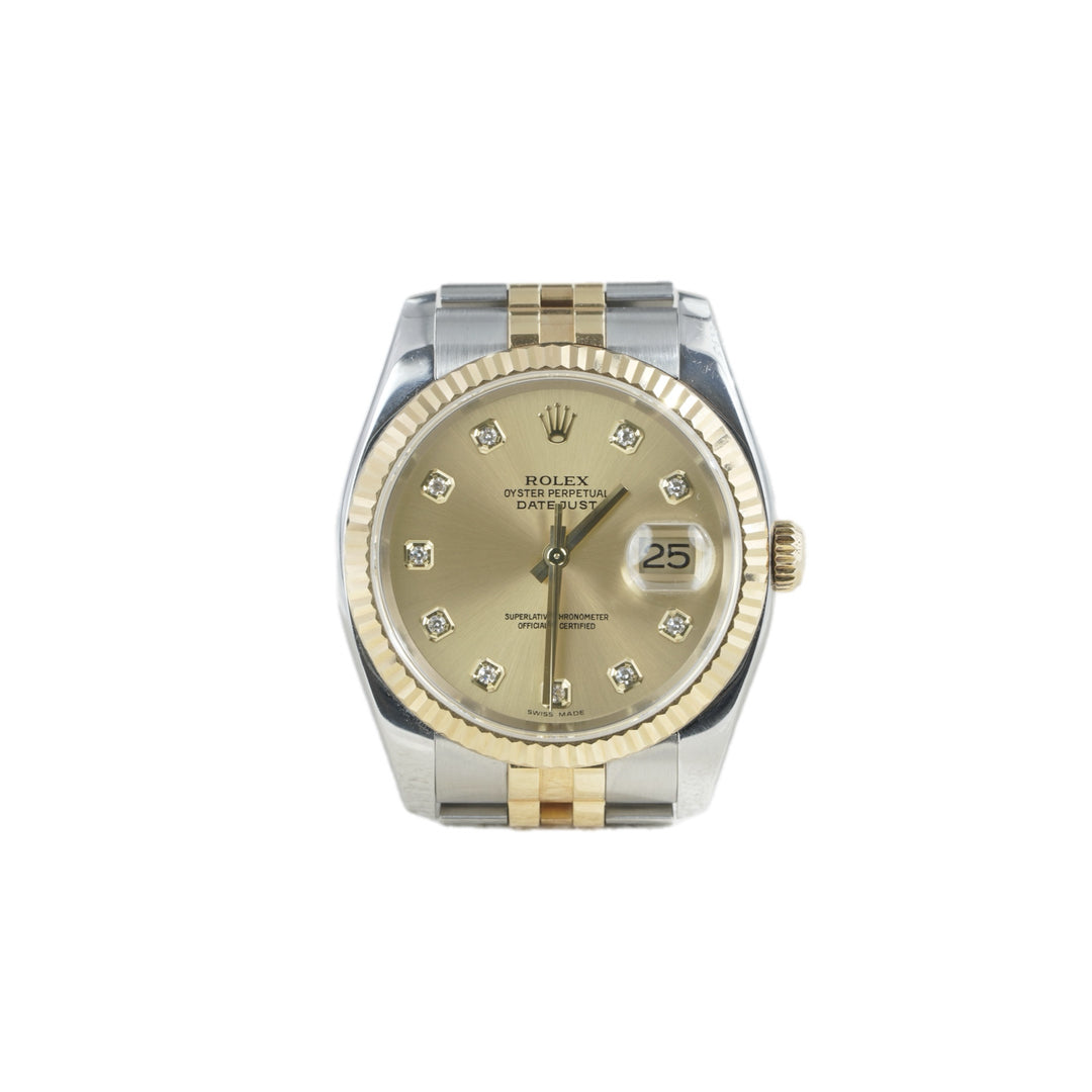 Rolex Datejust 36mm Two-Tone Yellow Gold Diamond Auto Watch