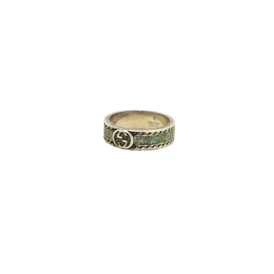 Gucci Interlocking G Turquoise Enamel Silver Ring Size 17