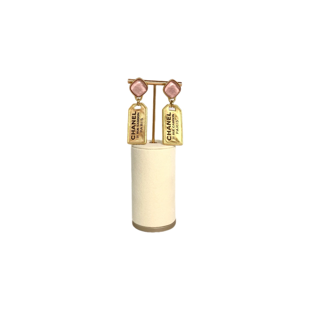 Chanel 21V Cambon Gold with Pink Stone Drop Earrings