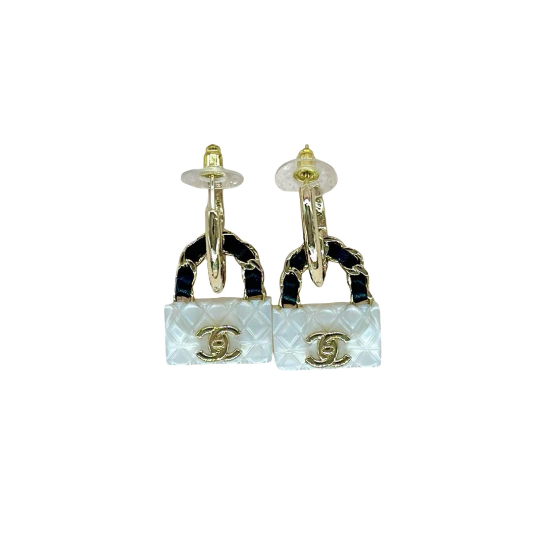 Chanel White Resin CF Bag Earrings