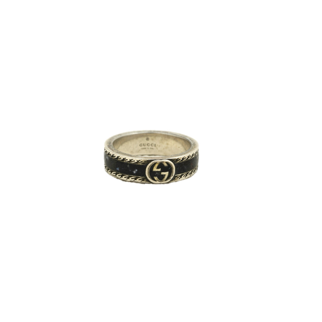 Gucci Interlocking G Silver Black Enamel Ring Size 20
