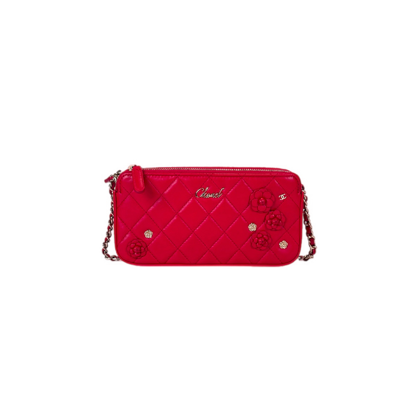 Chanel Red Clutch With Attachable Chain Lambskin