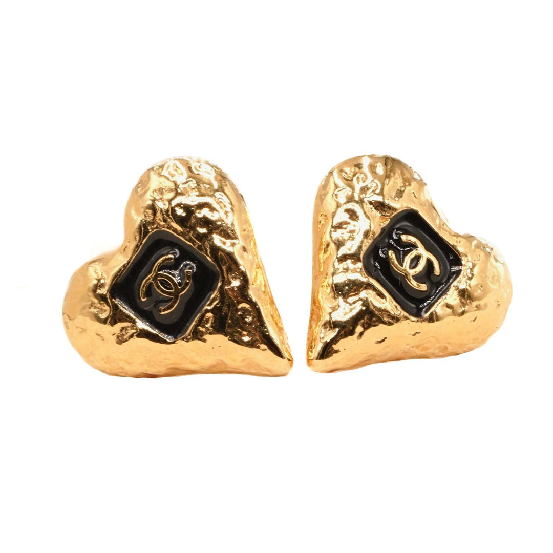 Chanel 23K Black/Gold CC Heart Earrings