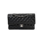 Pre-owned Chanel Classic Flap Medium Black Caviar Silver Bag in Grained Calfskin
