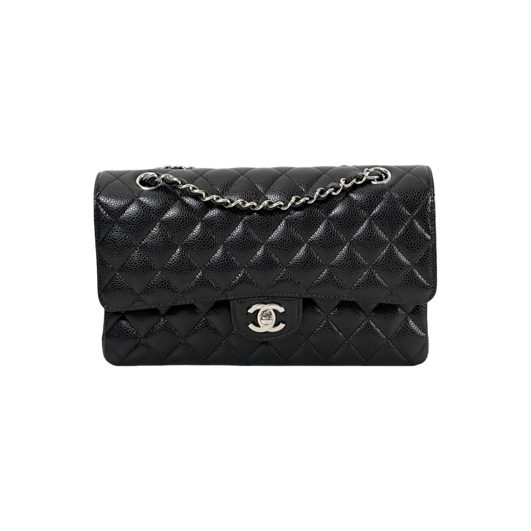 Pre-owned Chanel Classic Flap Medium Black Caviar Silver Bag in Grained Calfskin