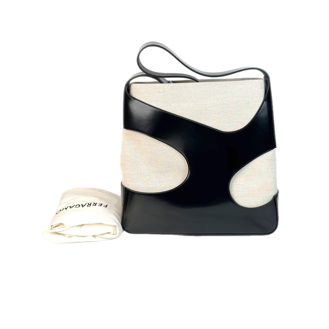 Ferragamo Black Leather and Canvas  an Cut out-Detail Shoulder Bag