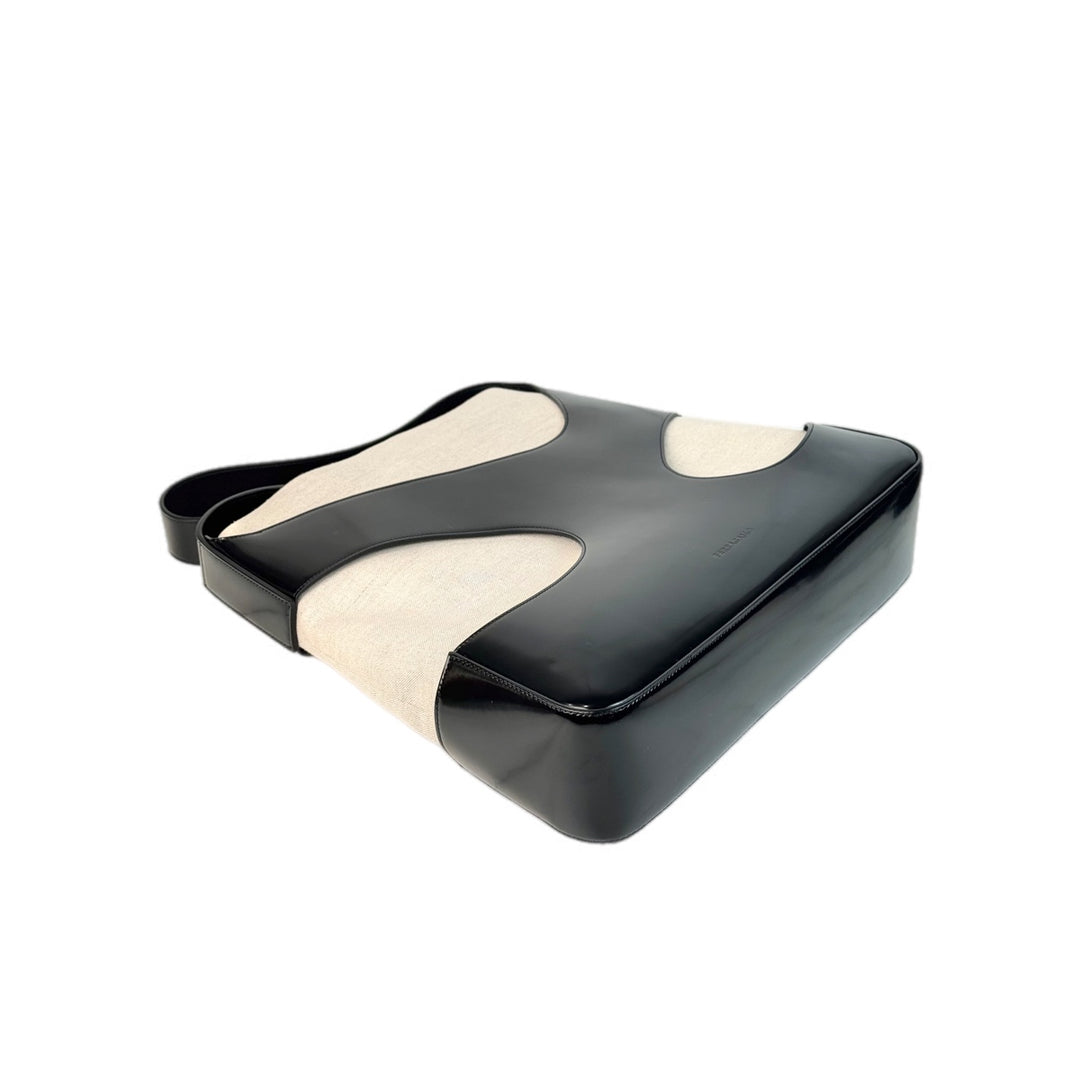Ferragamo Black Leather and Canvas  an Cut out-Detail Shoulder Bag