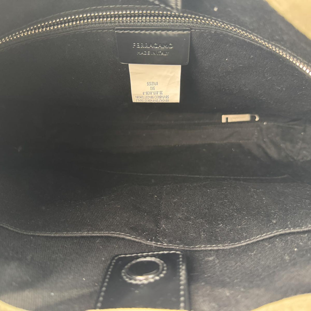 Ferragamo Black Leather and Canvas  an Cut out-Detail Shoulder Bag