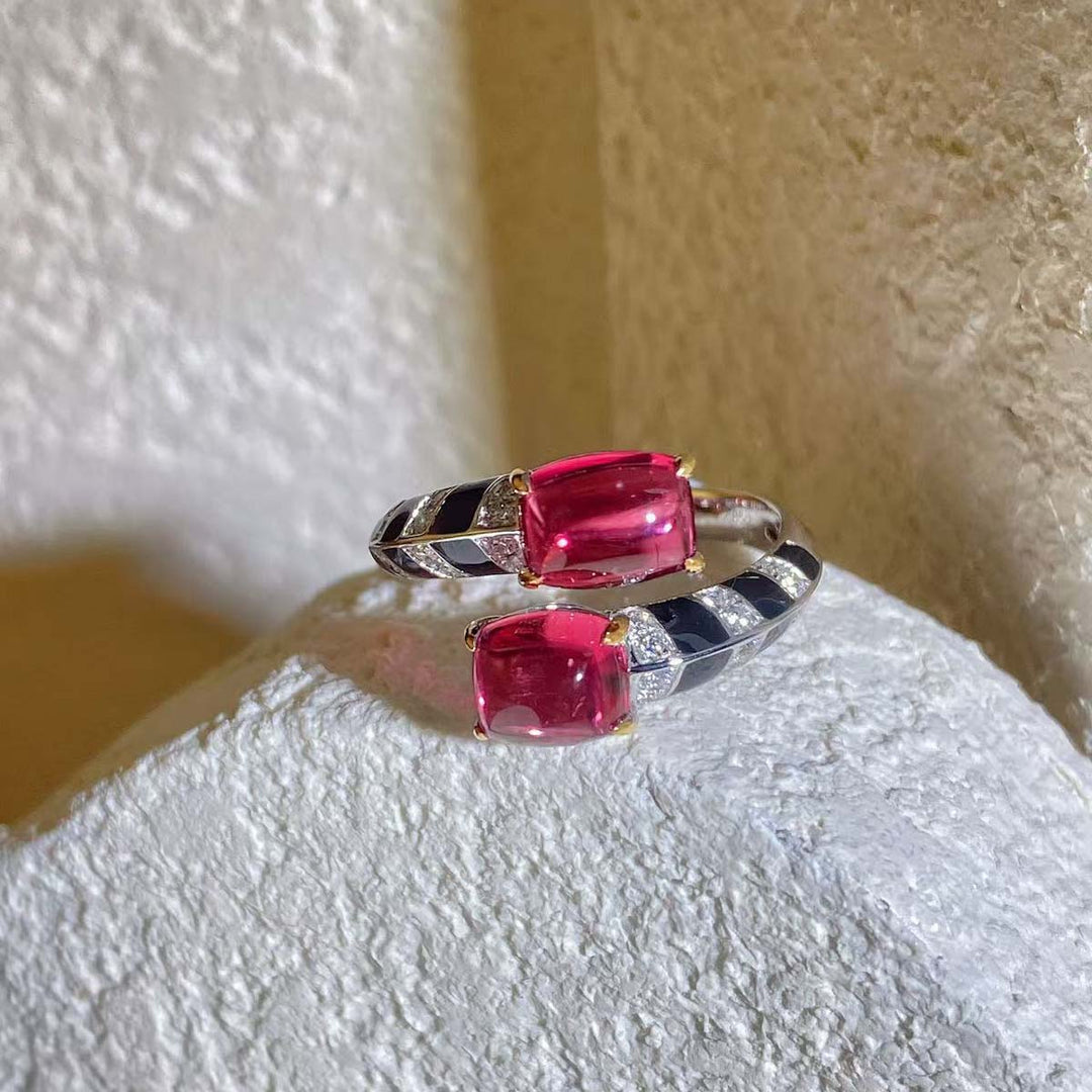 Natural Cabochon Rubellite Tourmaline Diamond Ring D2.85ct d0.20ct, 18K