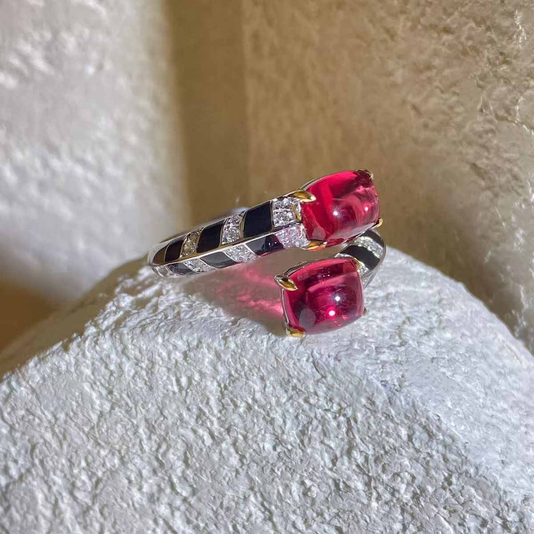 Natural Cabochon Rubellite Tourmaline Diamond Ring D2.85ct d0.20ct, 18K