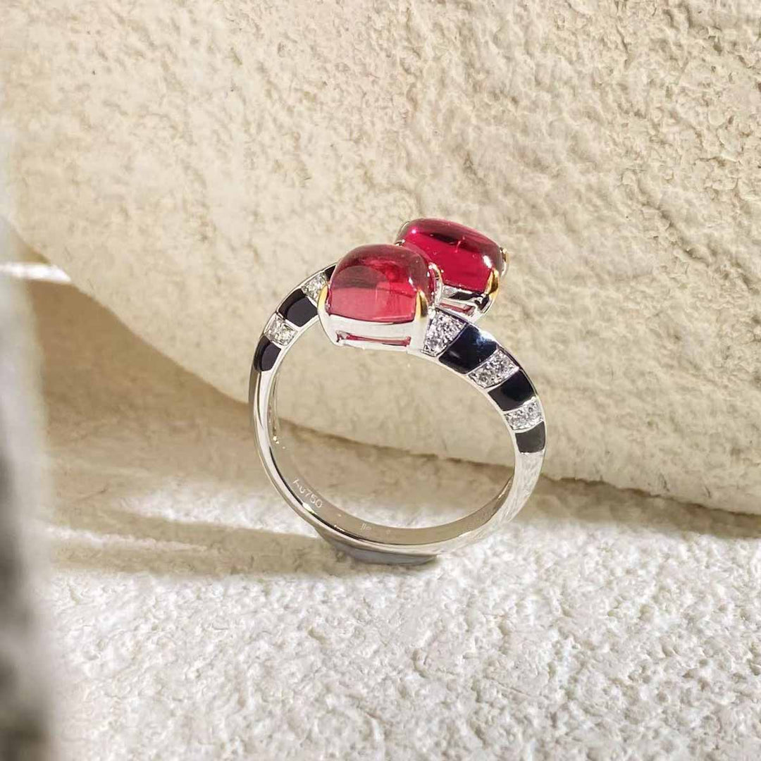 Natural Cabochon Rubellite Tourmaline Diamond Ring D2.85ct d0.20ct, 18K