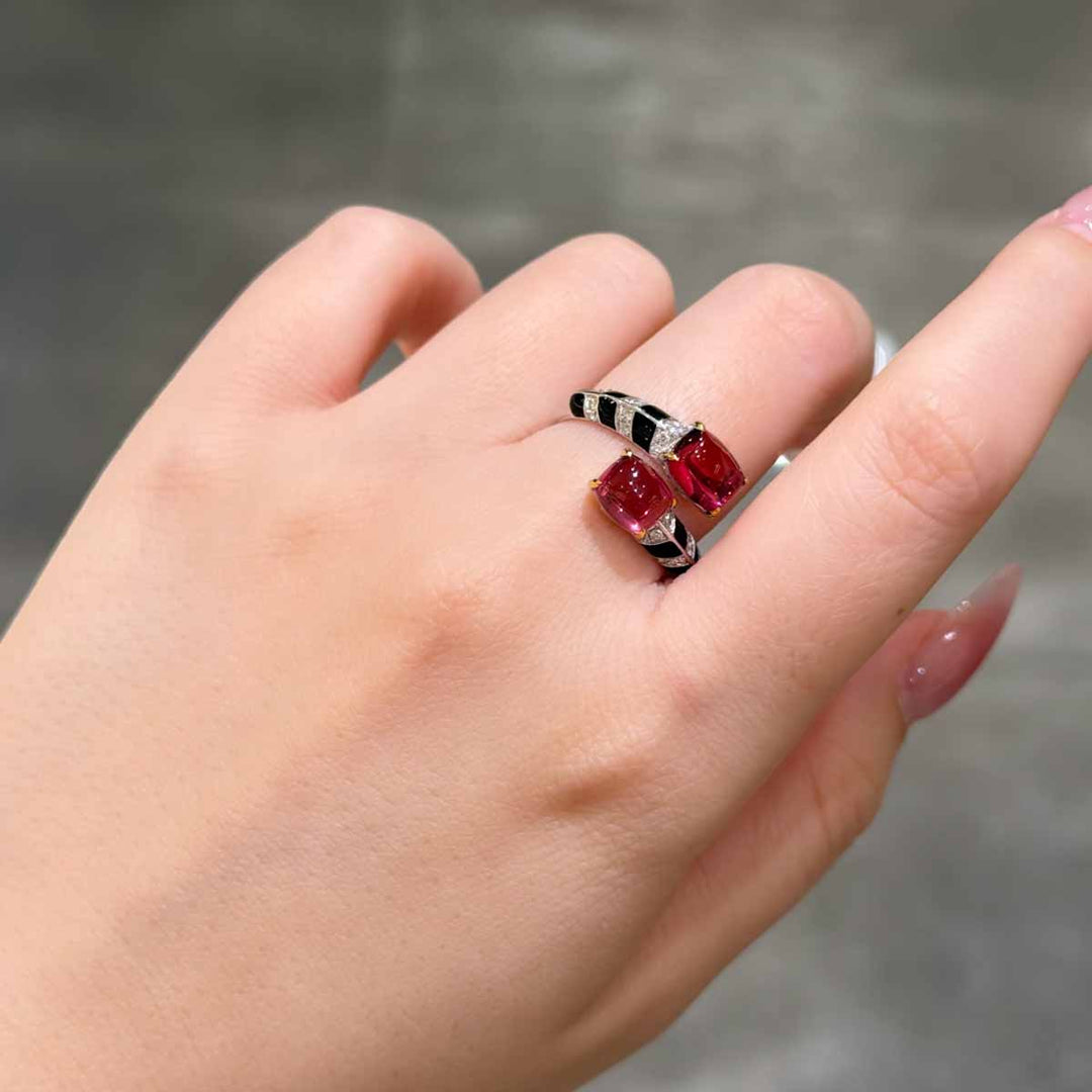 Natural Cabochon Rubellite Tourmaline Diamond Ring D2.85ct d0.20ct, 18K