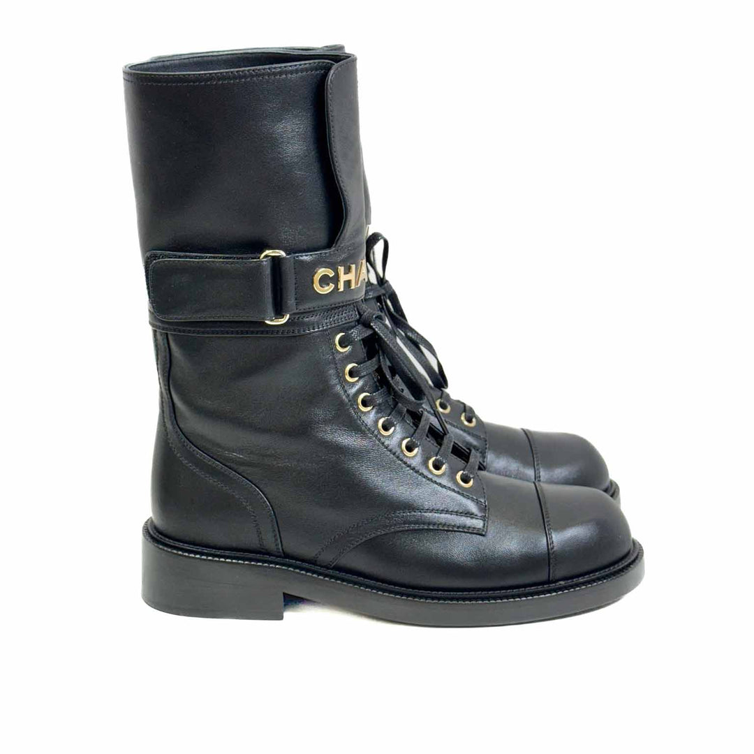 Chanel Black Leather Logo Buckle Boots