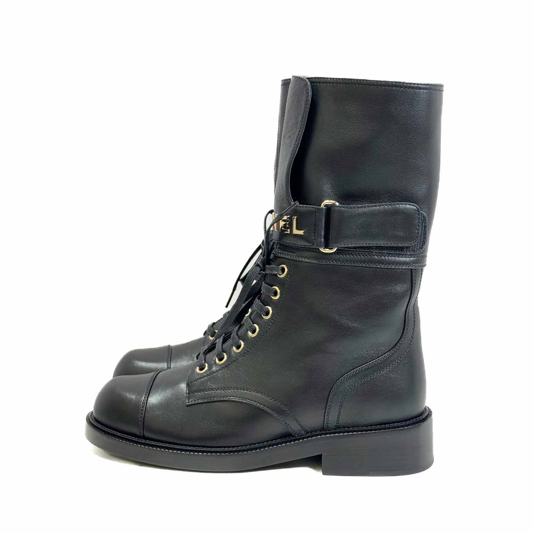 Chanel Black Leather Logo Buckle Boots