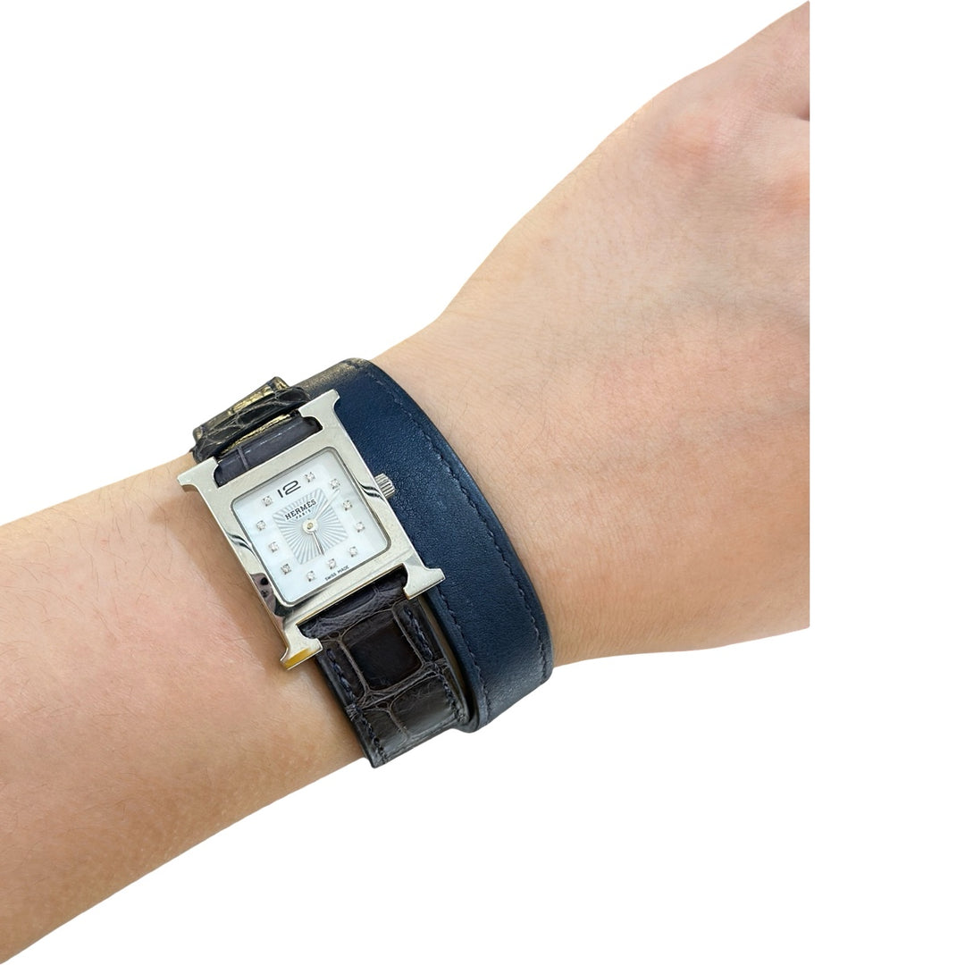 Hermes Heure H Silver Diamond Dial Watch 21 MM